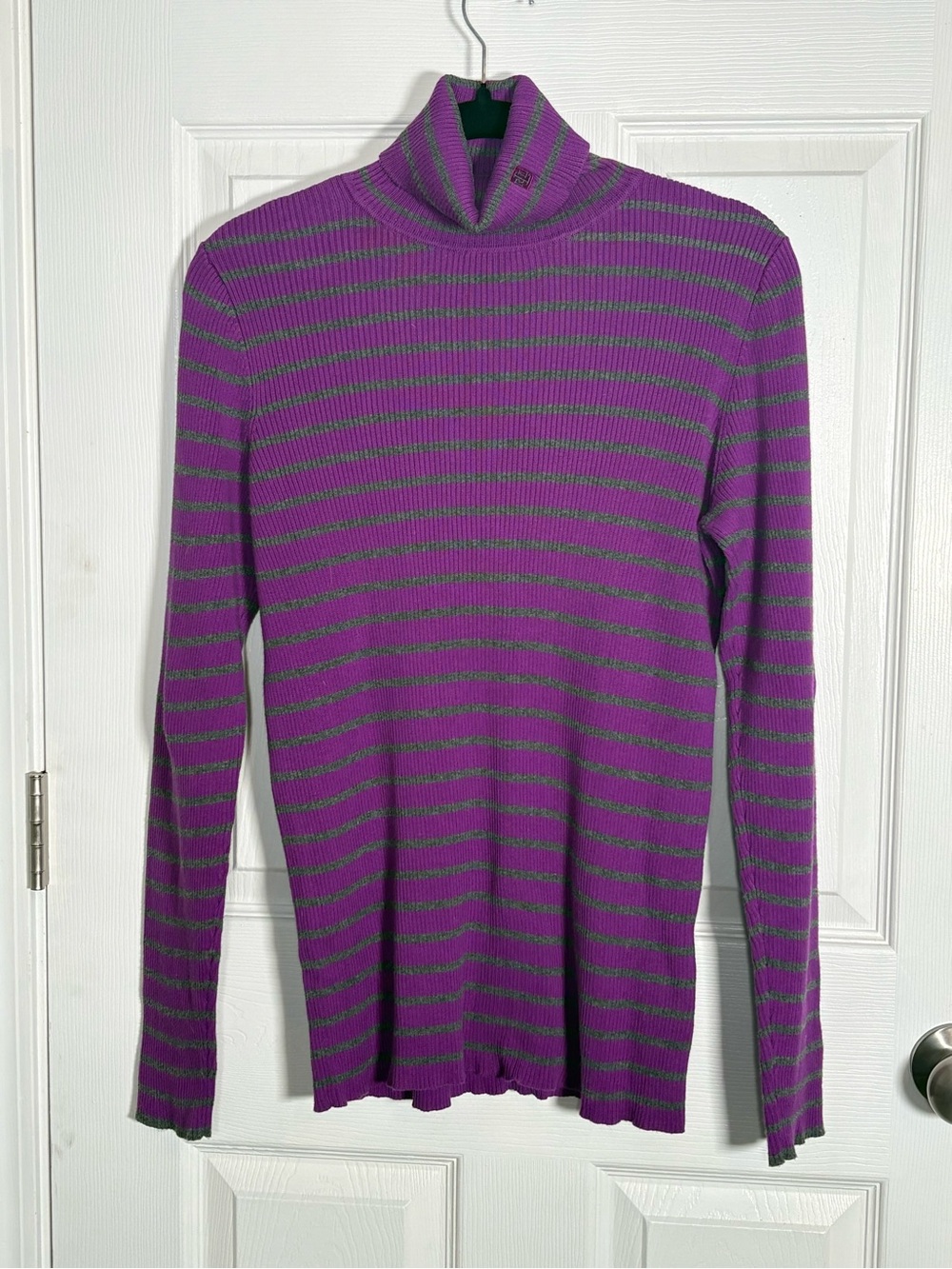 Ralph Lauren Purple and Gray Striped Turtleneck Sweater - Women. Size XL